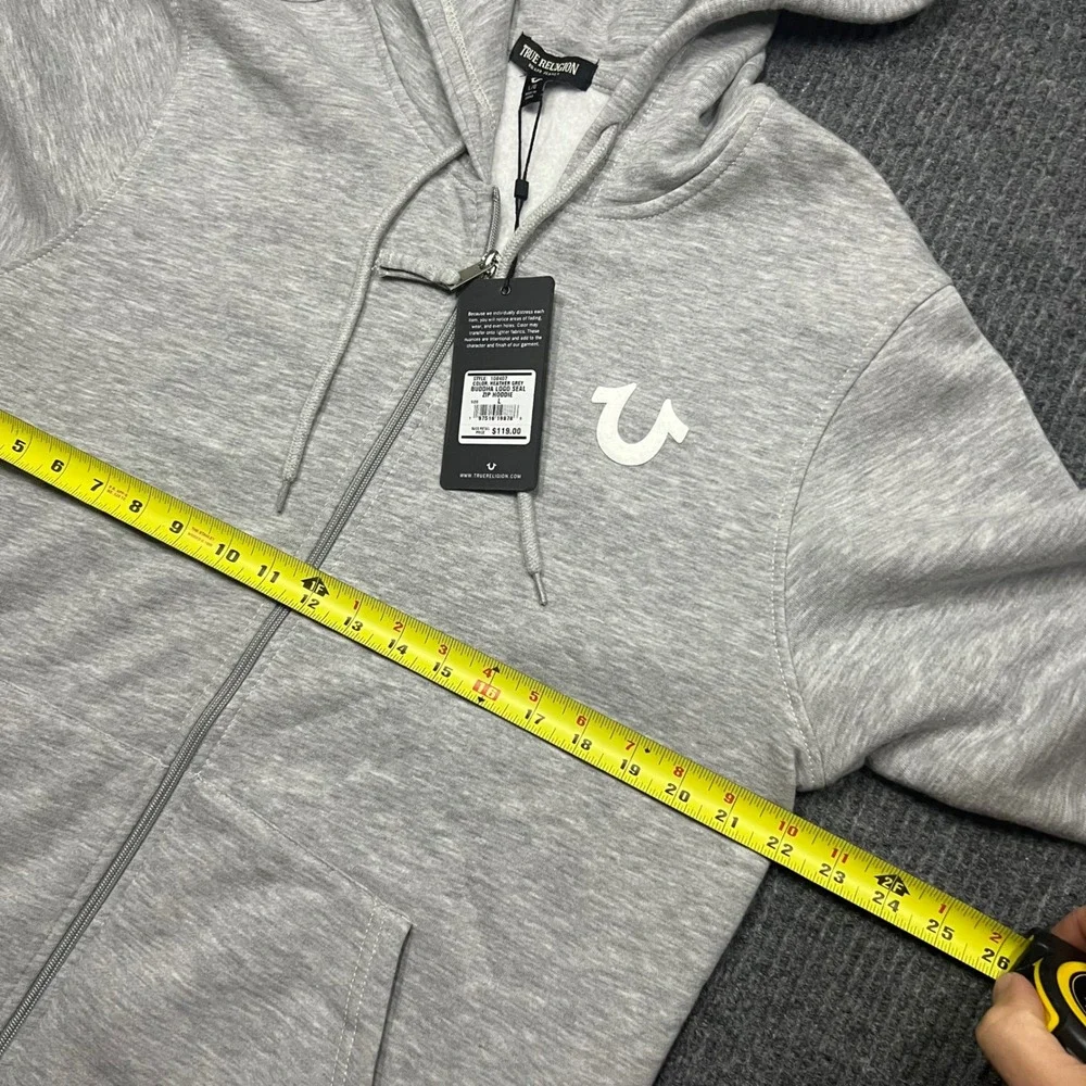 True Religion Mens Buddha Logo Seal Zip Hoodie Heather Grey Large Jacket new nwt